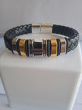 Bracelet Homme Tressé Acier Cuir Noir Doré "I"