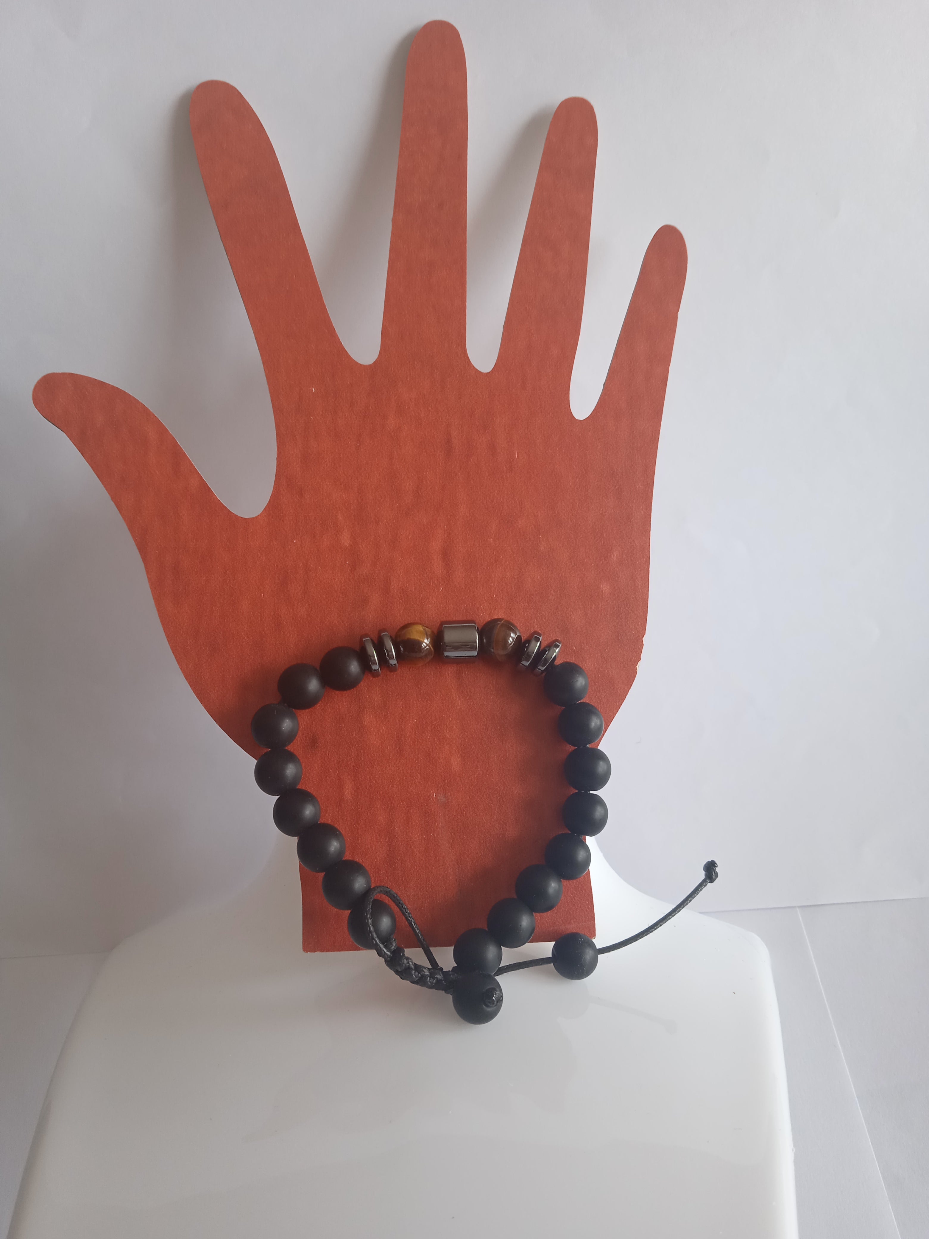 bracelet mixte ajustable hématite œil de tigre pierre noir en bois