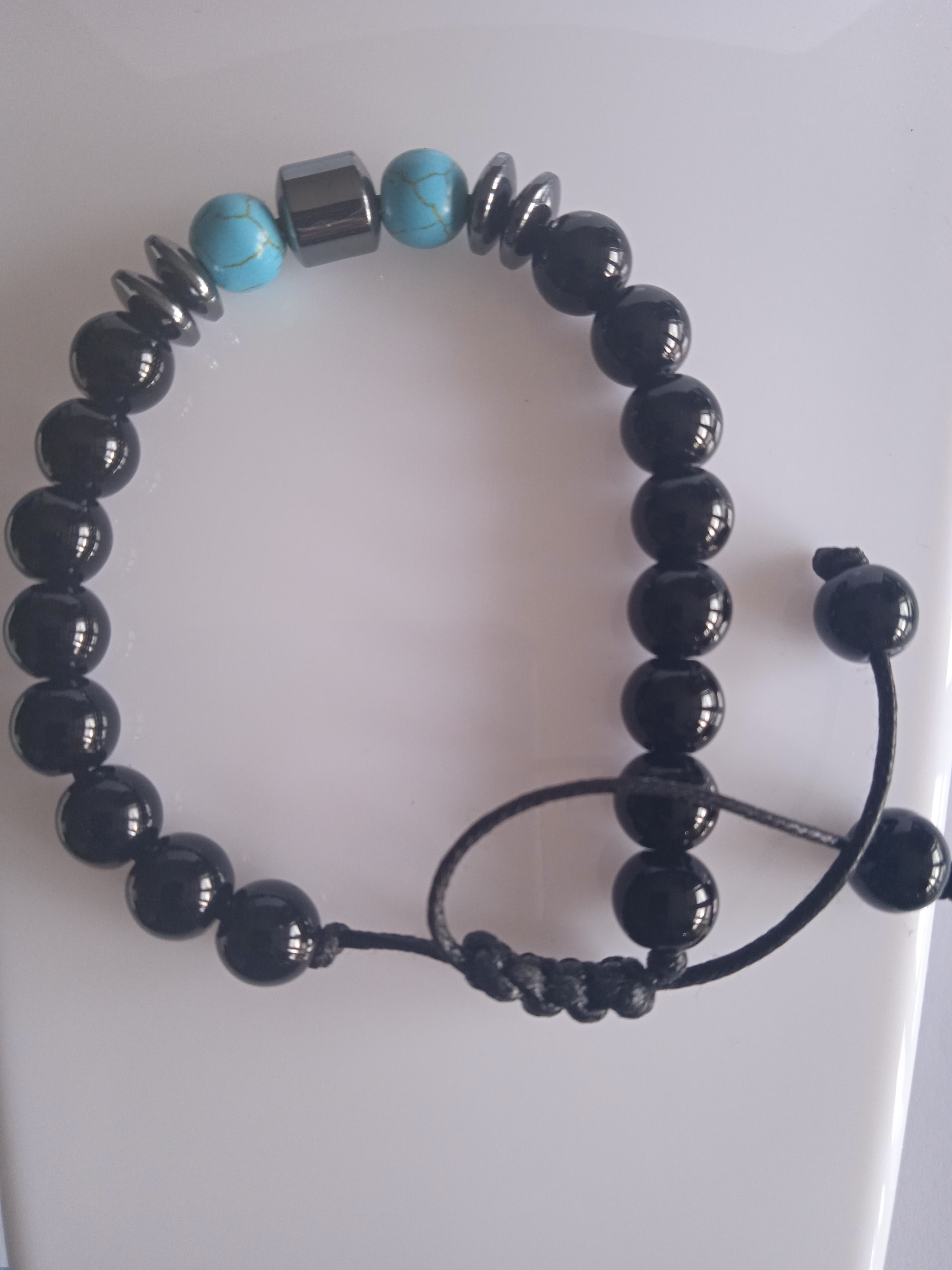 bracelet mixte ajustable pierre noir hématite bleu turquoise