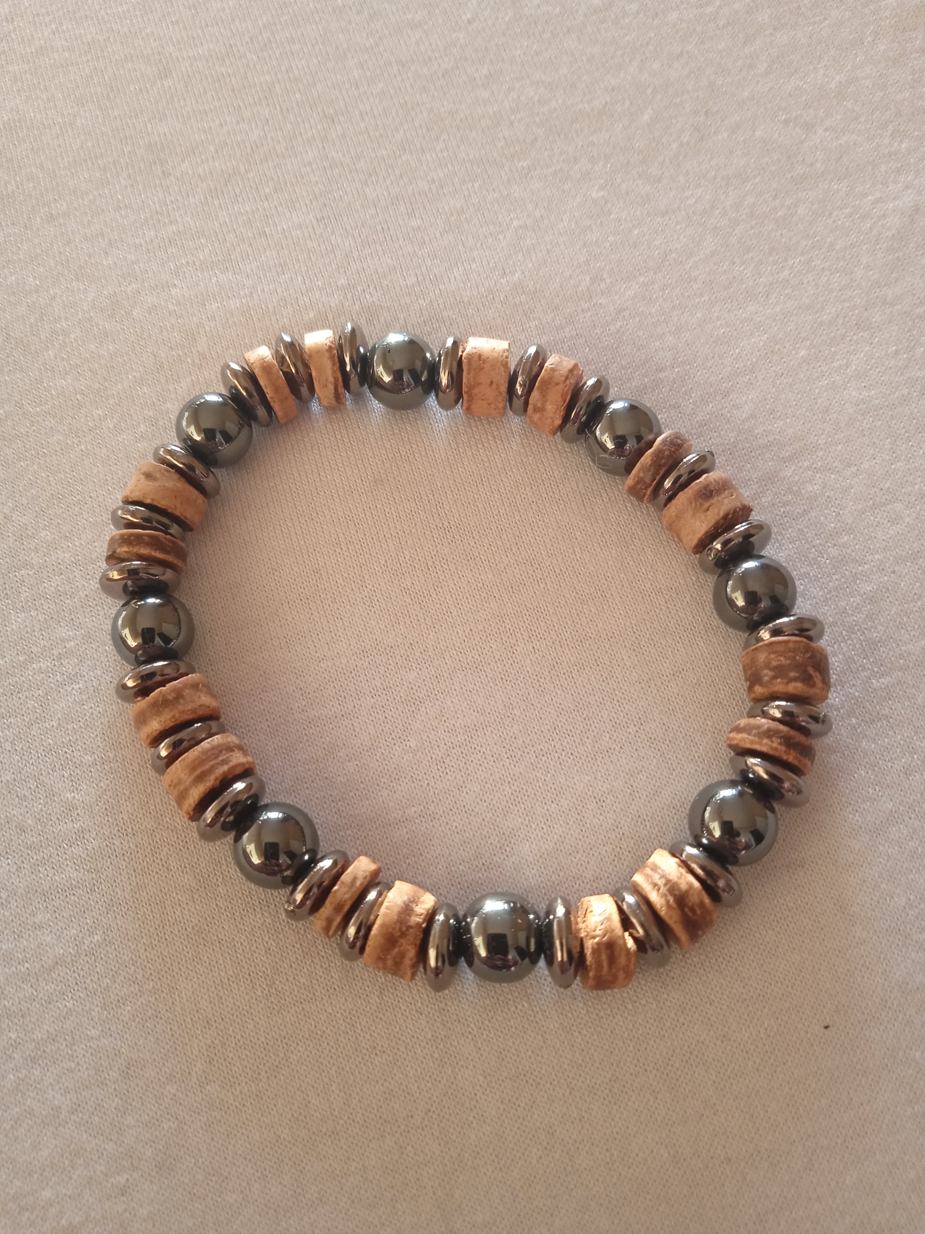 bracelet mixte perles en bois marron acier hématite