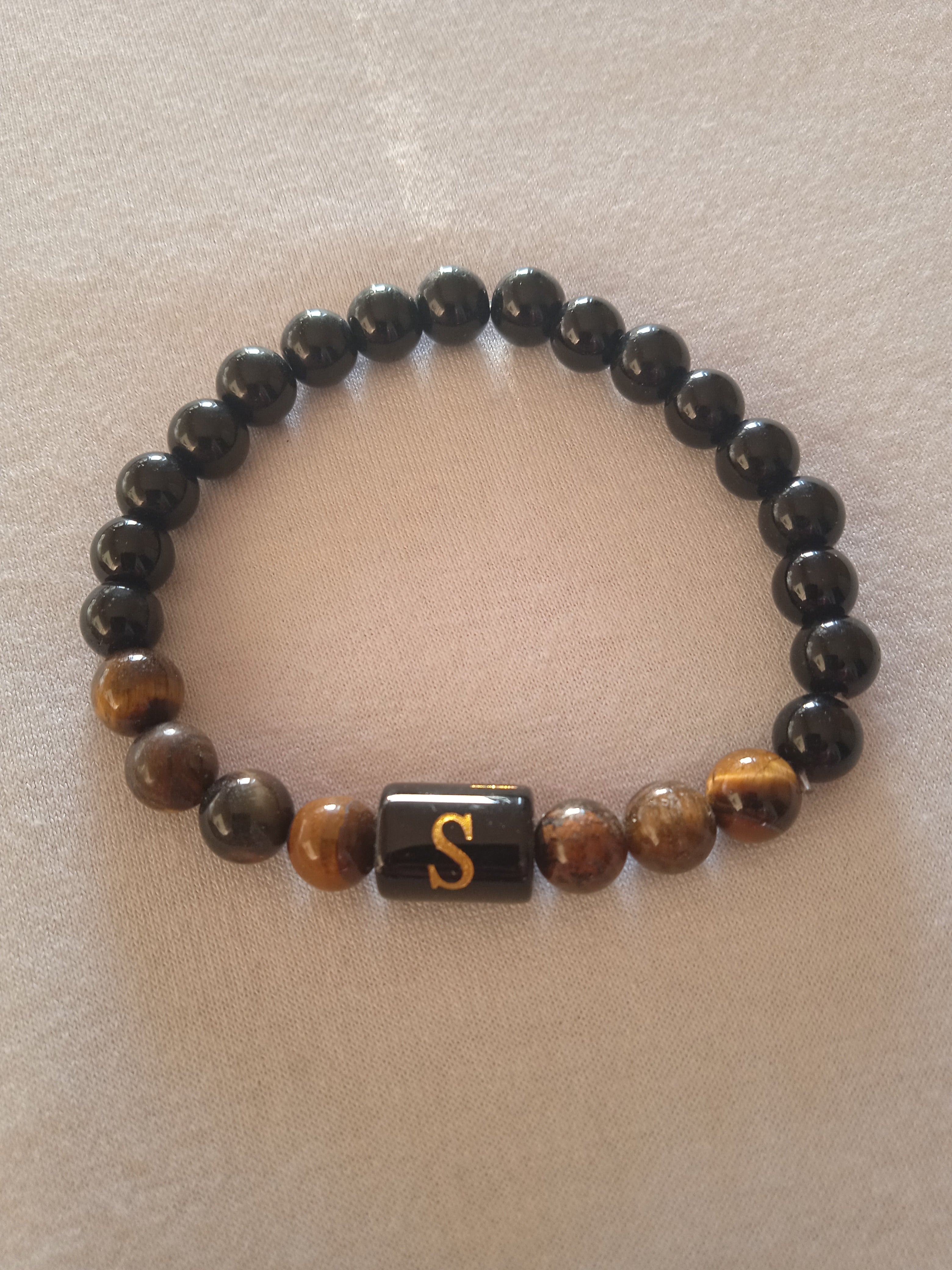bracelet homme oeil de tigre initial "S" marron doré