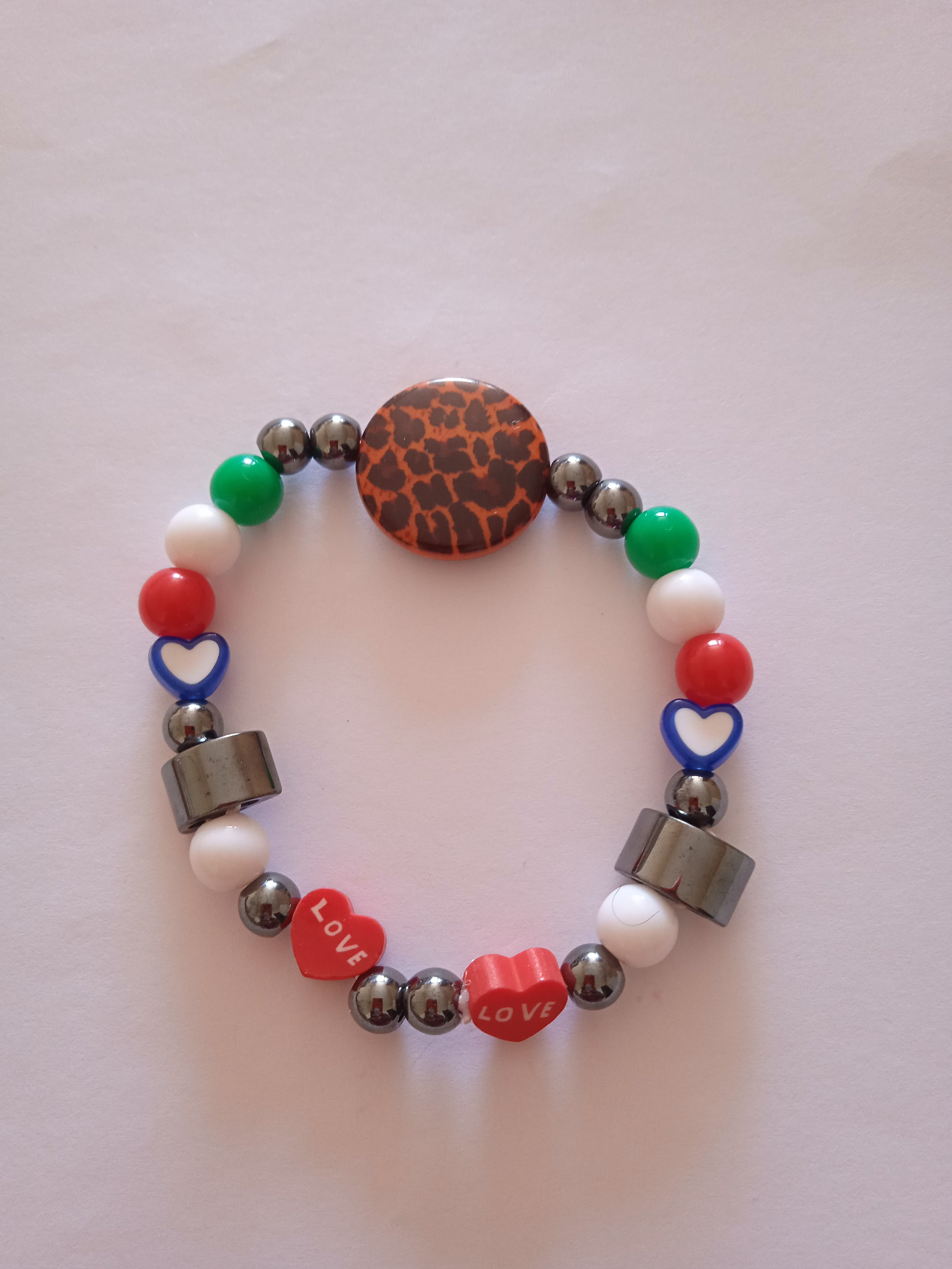 bracelet bouton léopard multicolore hématite rouge love fait main