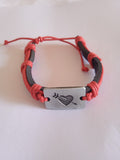 bracelet mixte ajustable cuir noir & rouge acier coeur