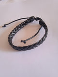 bracelet mixte ajustable noir cuir tressé