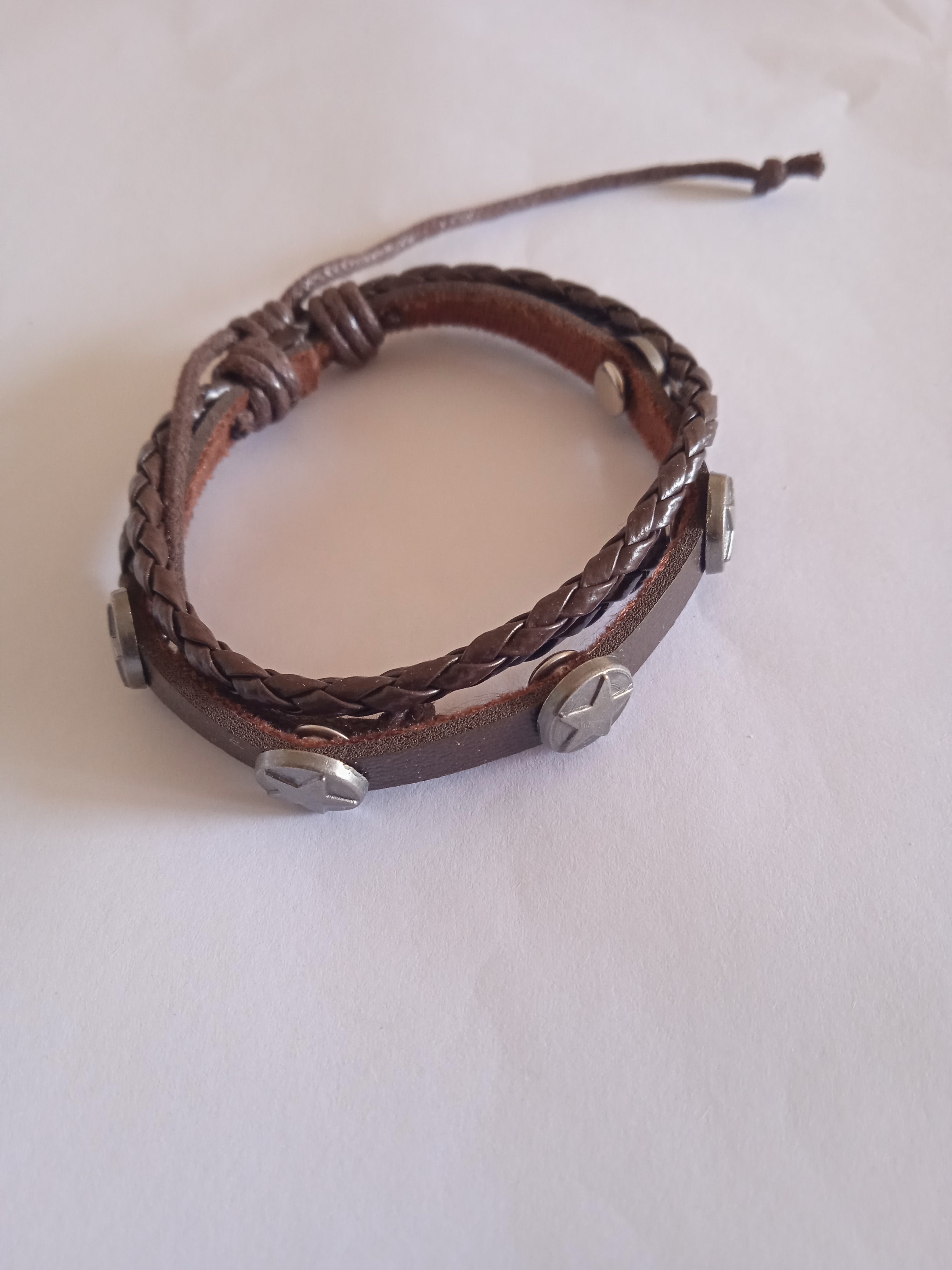 bracelet mixte ajustable marron acier tressé cuir