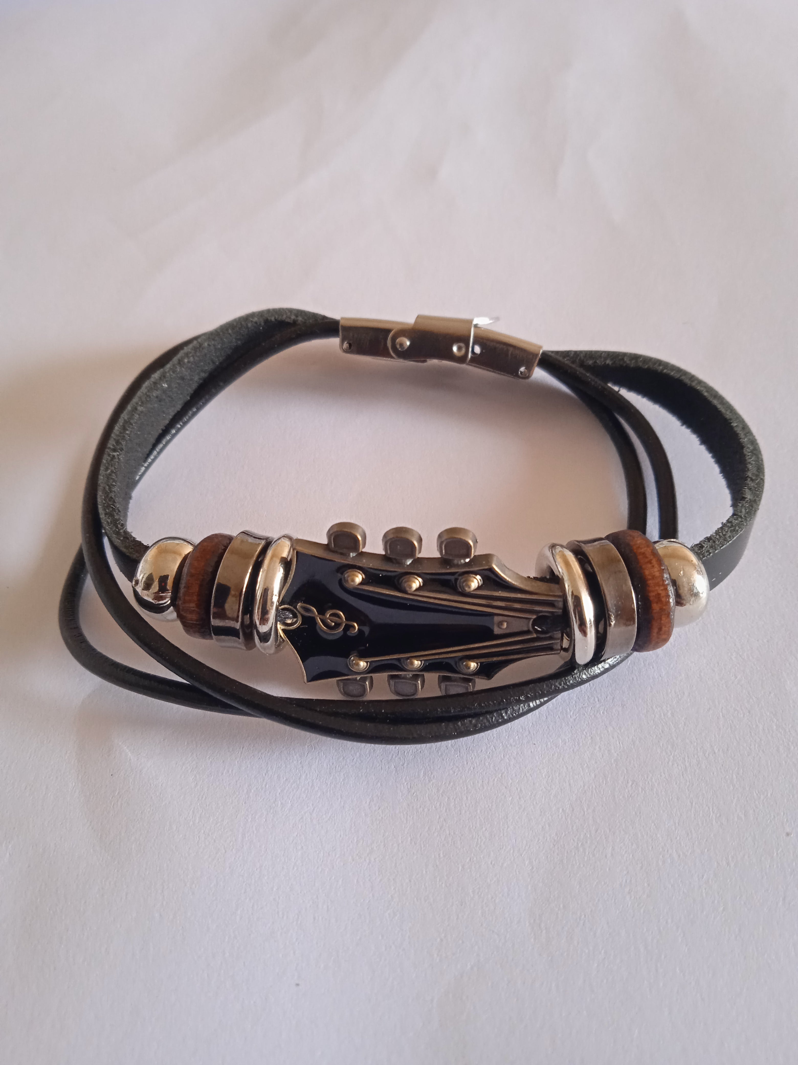 bracelet mixte guitare acier marron cuir noir