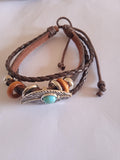 bracelet oeil bleu turquoise acier marron tressé cuir
