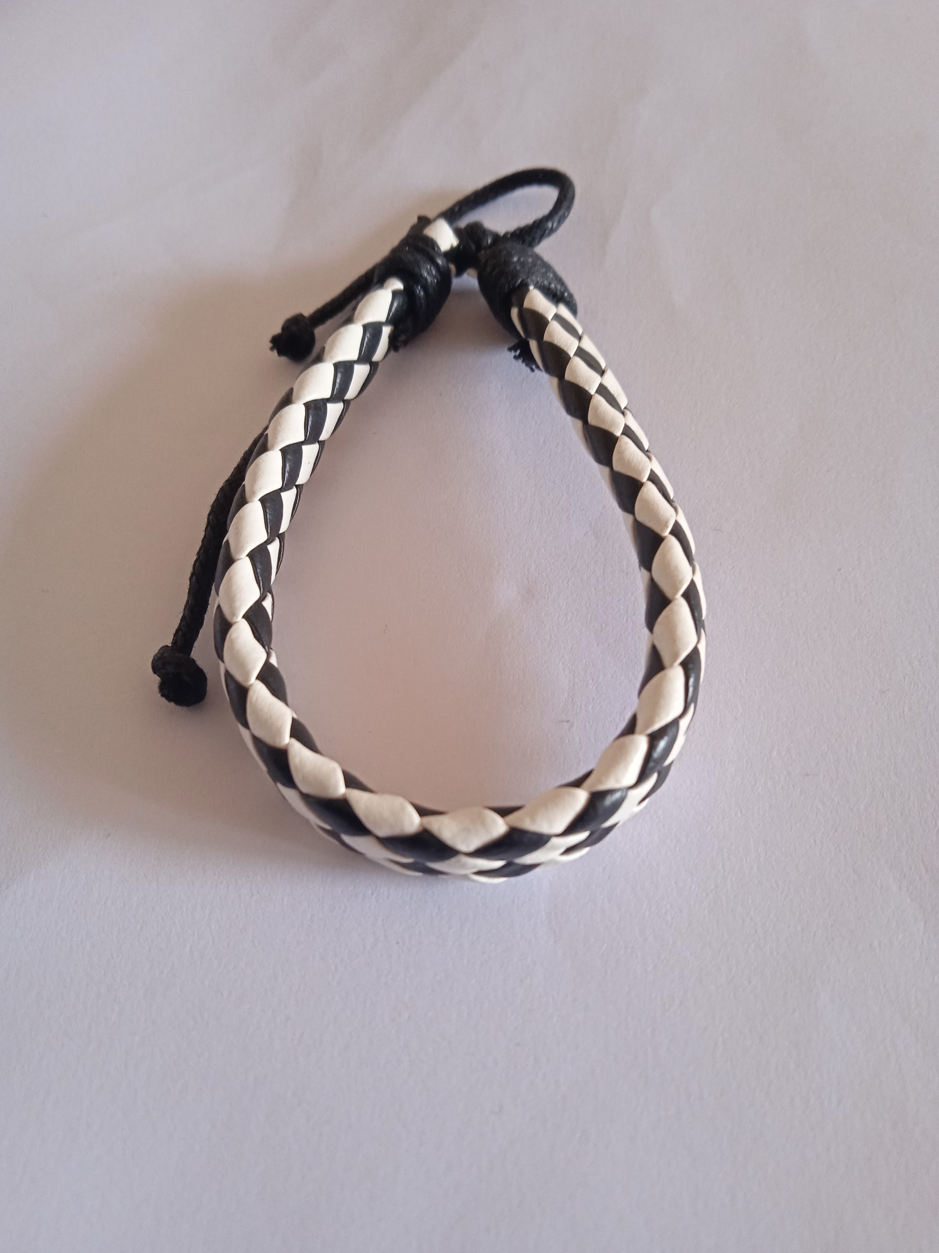 bracelet mixte tissu ajustable noir & blanc cuir