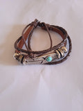 bracelet mixte pierre bleu turquoise acier cuir ajustable marron lacet