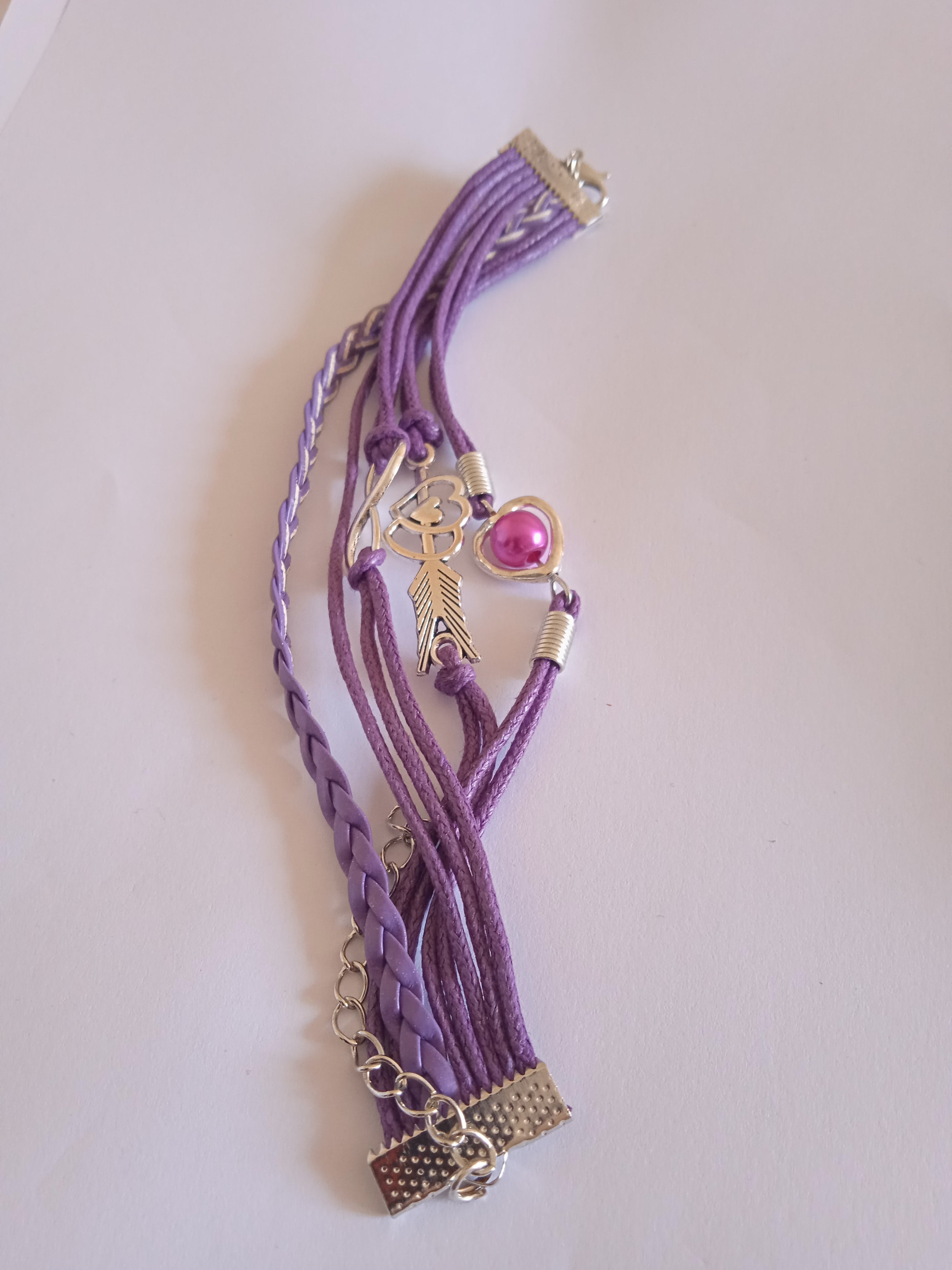 bracelet cordon tressé violet pierre rose coeur acier