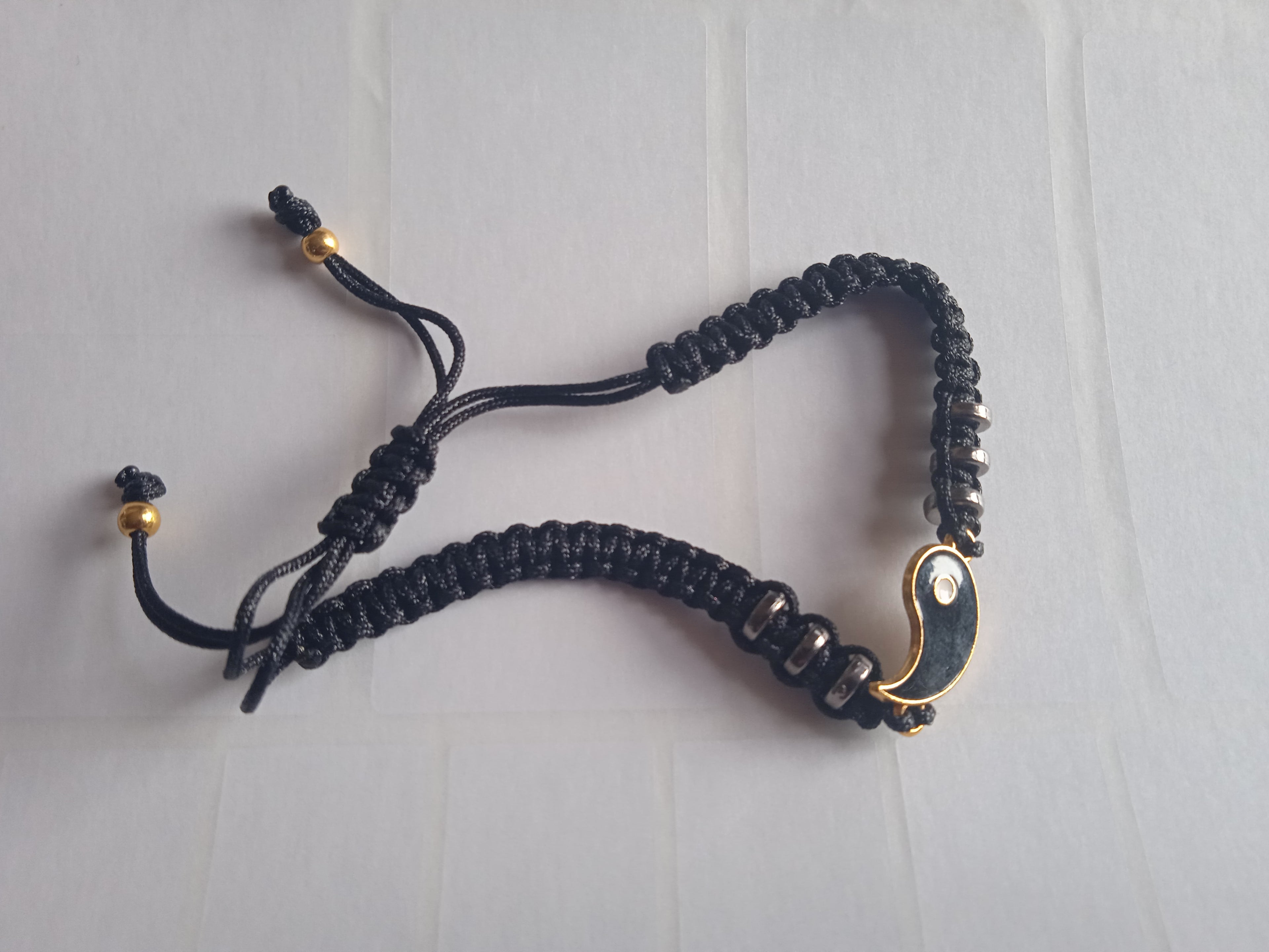 bracelet mixte couple hématite noir blanc ajustable doré acier tressé tissu