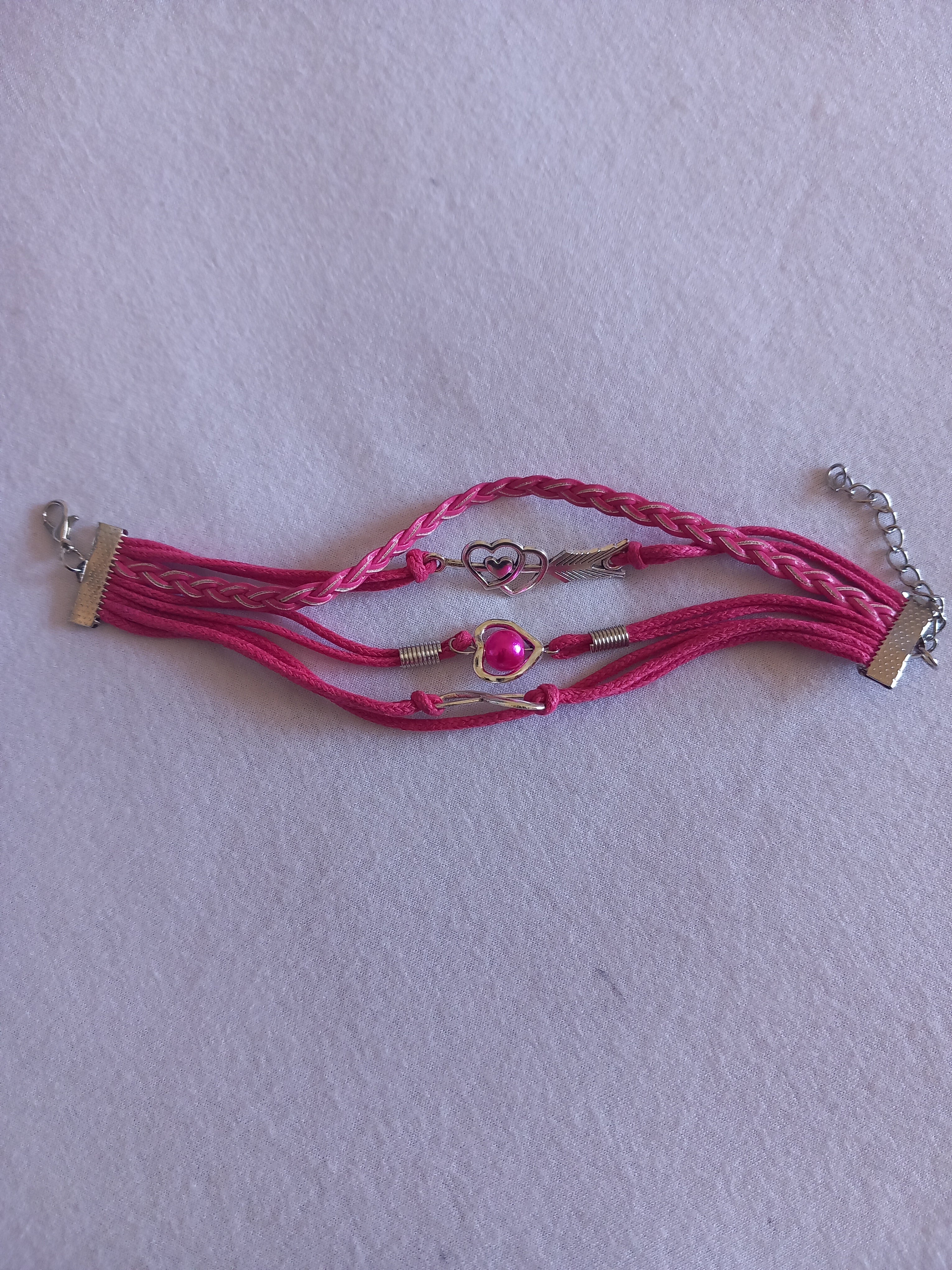 bracelet rose cordon tressé  femme cœur pierre rose acier